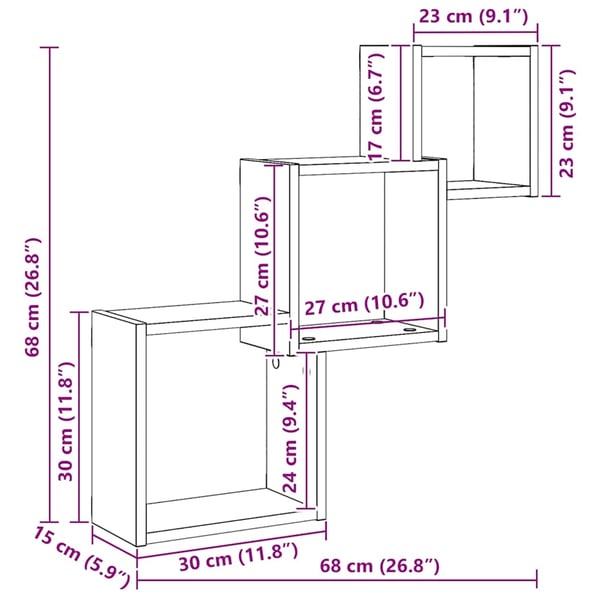 vidaXL væghylder 68x15x68 cm kubeformet konstrueret træ sort egetræ