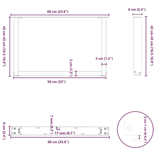 vidaXL Salongbordben U-formet 2 stk antrasitt 60 x (42-43) cm stål