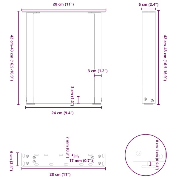 vidaXL Salongbordben U-formet 2 stk naturstål 28 x (42-43) cm stål