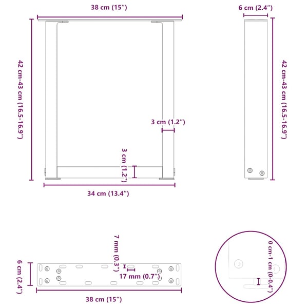 vidaXL Salongbordben U-formet 2 stk hvit 38 x (42-43) cm stål
