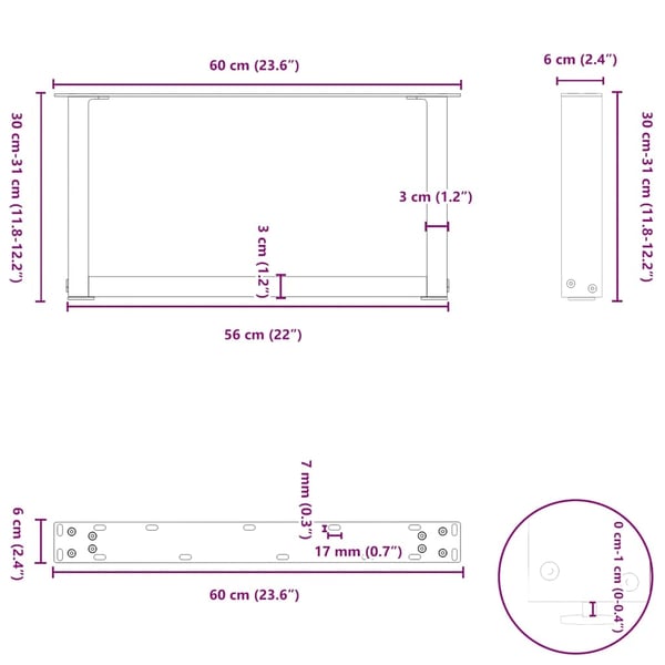 vidaXL Salongbordben U-formet 2 stk naturstål 60 x (30-31) cm stål