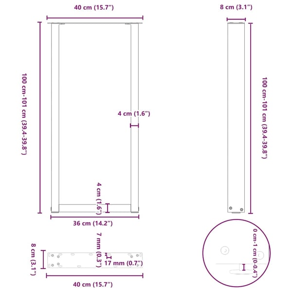 vidaXL Barbordben U-formet 2 stk naturstål 40x(100-101) cm stål