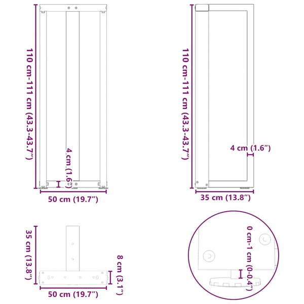 vidaXL barbordsben T-formet 2 stk. sort 50x35x(110-111) cm stål