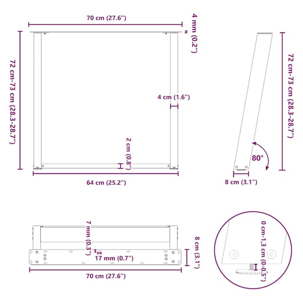 vidaXL Spisebordben U-formet 2 stk naturstål 70 x (72-73) cm stål