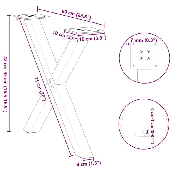 vidaXL sofabordsben X-formet 2 stk. naturstål 60x(42-43) cm stål