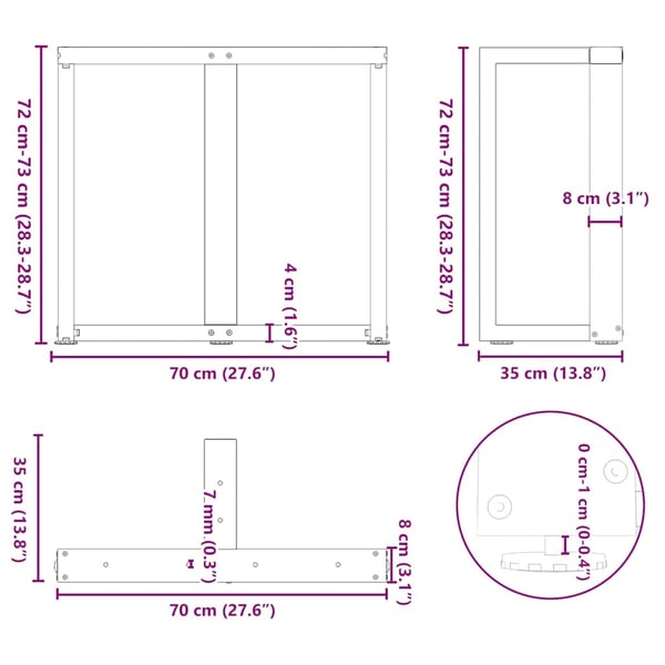 vidaXL spisebordsben T-formet 2 stk. sort 70x35x(72-73) cm stål