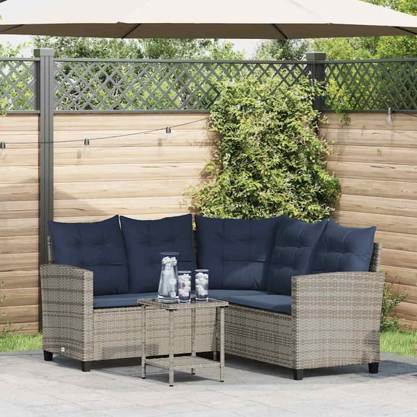 vidaXL havesofa med bord og hynder L-formet polyrattan grå