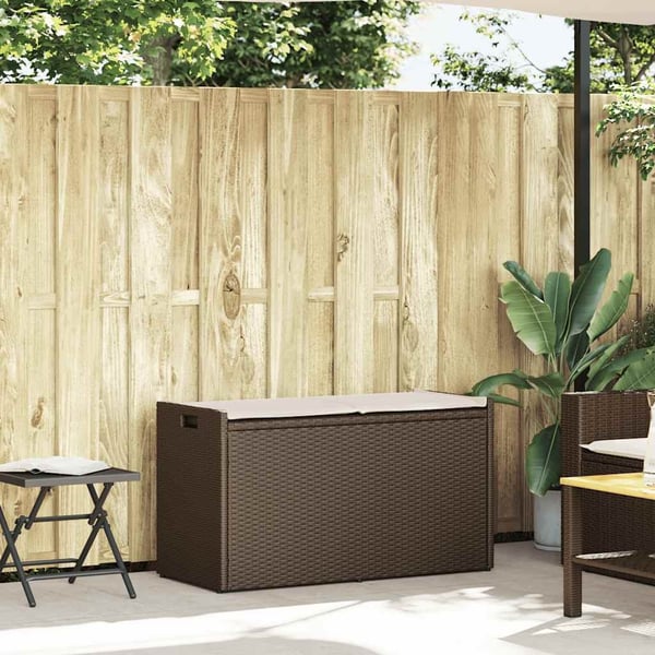 vidaXL udendørs opbevaringsbænk med hynde 100 cm polyrattan brun