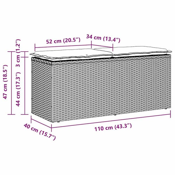 vidaXL havebænk med hynde 110x40x44 cm polyrattan grå