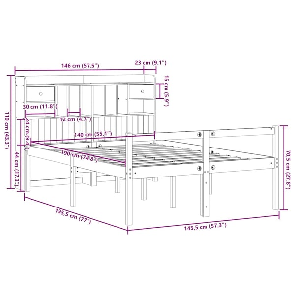 vidaXL Seng med bokhylle uten madrass 140x190 cm heltre furu