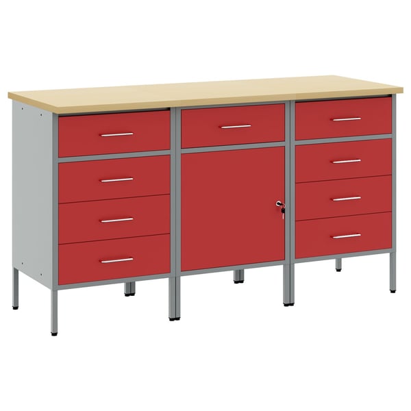 vidaXL Arbeidsskap med skuff med lås 3 pcs Rød og Grå 150 x 55 x 85 cm