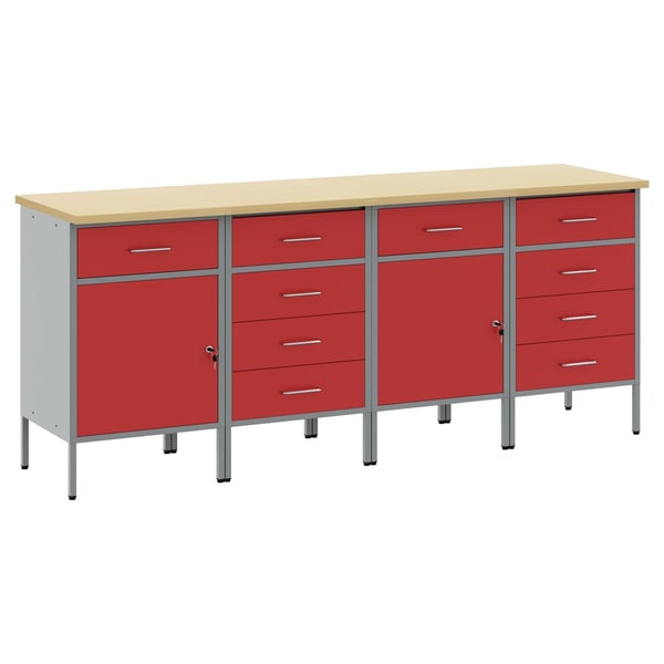 vidaXL Arbeidsskap med skuff med lås 4 pcs Rød og Grå 200 x 55 x 85 cm