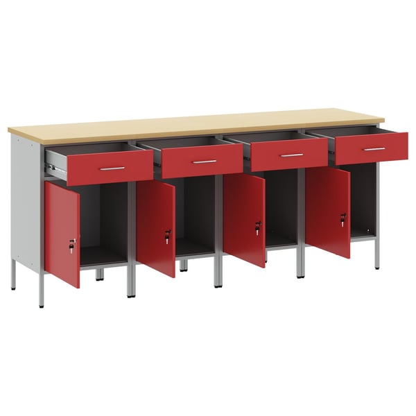vidaXL Arbeidsskap med skuff med lås 4 pcs Rød og Grå 200 x 55 x 85 cm