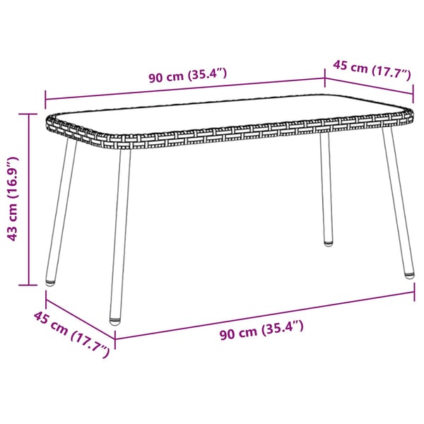 vidaXL Sofabord Sort 90 x 45 x 43 cm Polyrattan og glas