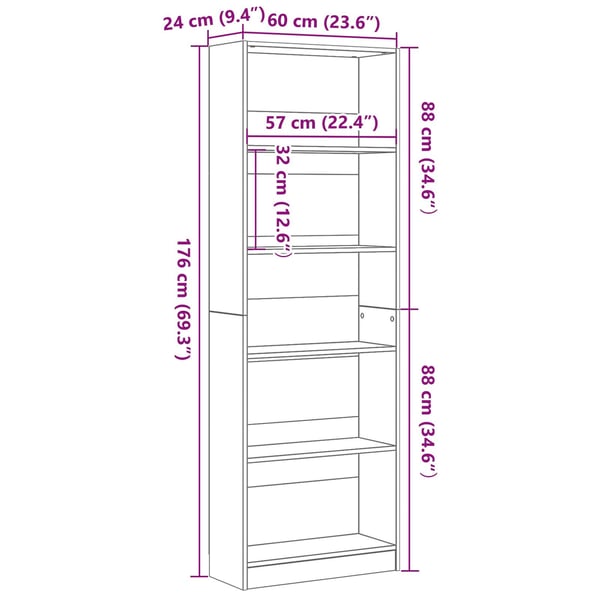 vidaXL Bogreol Sort eg 60 x 24 x 176 cm Konstrueret træ