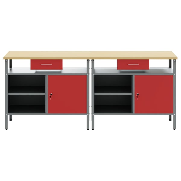 vidaXL Arbeidsbenksett med skuff 2 pcs Rød og Grå 200 x 55 x 85 cm
