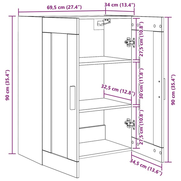 vidaXL Veggskap Veggmontert Svart Eik 69,5 x 34 x 90 cm Konstruert tre