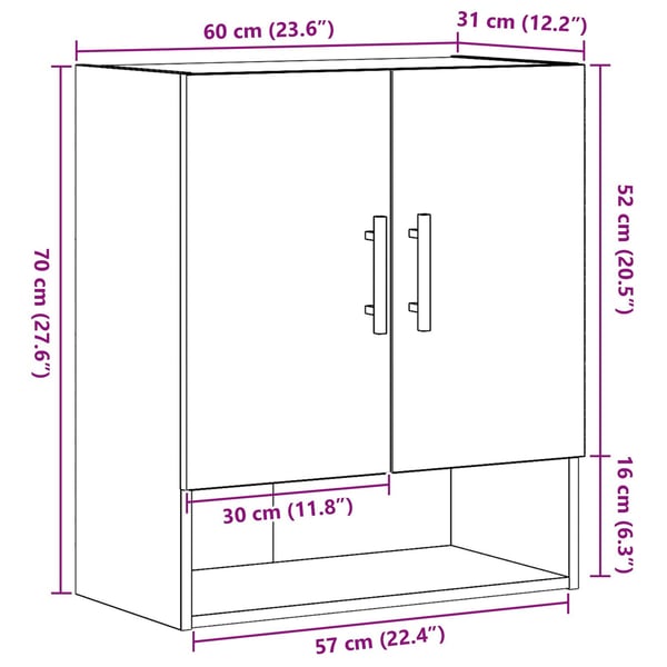 vidaXL Væghængt skab Sort eg 60 x 31 x 70 cm Konstrueret træ