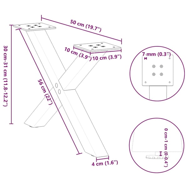 vidaXL Salongbordben X-formet 2 stk naturstål 50x(30-31) cm stål