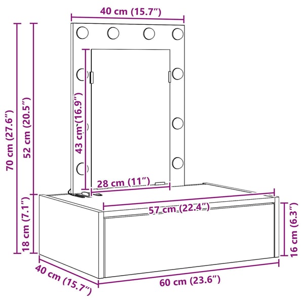 vidaXL Sminkebord med speillys Brun 60 x 40 x 70 cm Konstruert tre