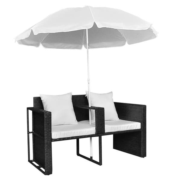 vidaXL haveseng med parasol polyrattan sort