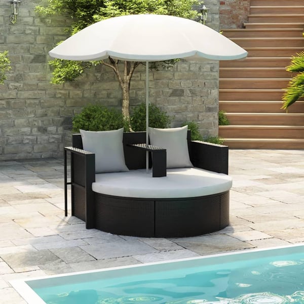 vidaXL haveseng med parasol polyrattan sort