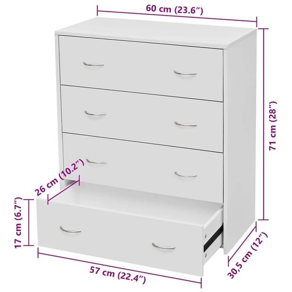 vidaXL Skjenk med 4 skuffer 60x30,5x71 cm hvit