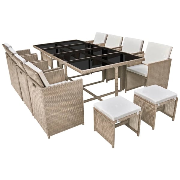 vidaXL udendørs spisebordssæt 13 dele med hynder polyrattan beige