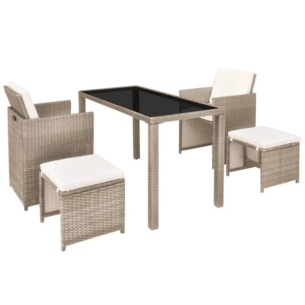 vidaXL udendørs spisebordssæt 5 dele med hynder polyrattan beige