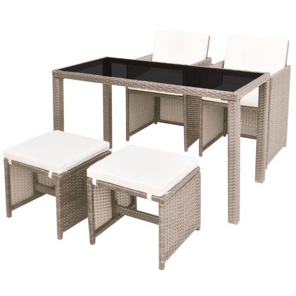 vidaXL udendørs spisebordssæt 5 dele med hynder polyrattan beige