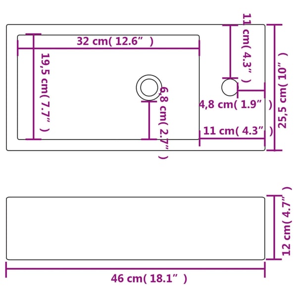 vidaXL Servant med kranhull rektangulært keramisk hvit 46x25,5x12 cm