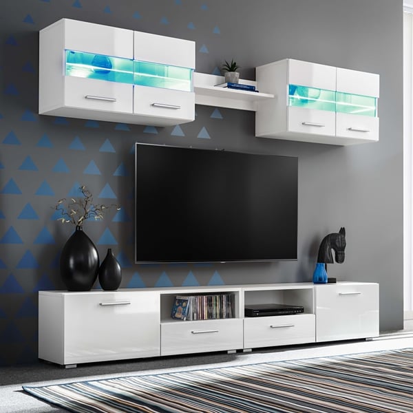 vidaXL TV Veggenhet sett 5 stk med LED-lys høyglans hvit