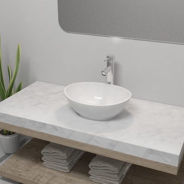 vidaXL Tvättställ med blandare keramik oval vit