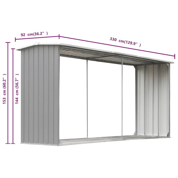vidaXL Vedskjul galvanisert stål 330x92x153 cm grå