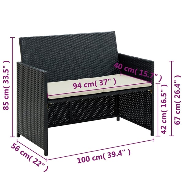 vidaXL 2-personers havesofa med hynder sort polyrattan