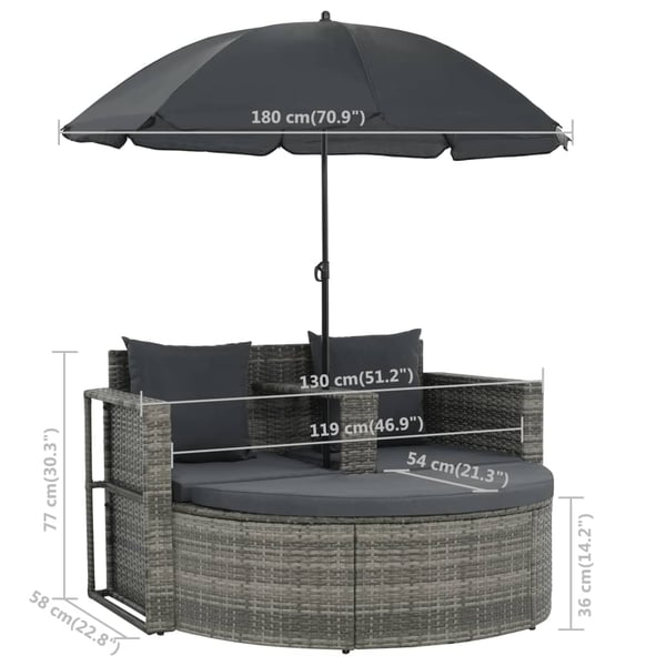 vidaXL 2-personers havesofa med hynder og parsol polyrattan grå