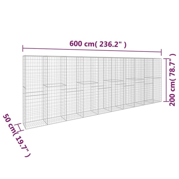 vidaXL Gabionvegg med deksel galvanisert stål 600x50x200 cm