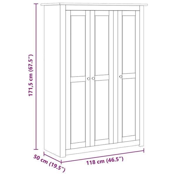 vidaXL Garderobeskap 3 dører grå 118x50x171,5 cm furu Panama Range