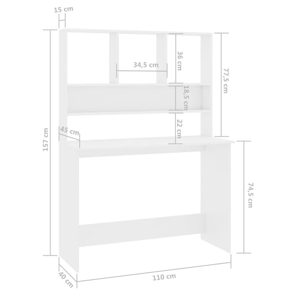 vidaXL Skrivebord med hyller høyglans hvit 110x45x157 cm sponplate