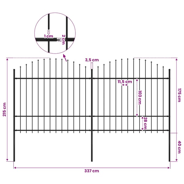 vidaXL Puutarha-aita keihäskärjillä teräs (1,5-1,75)x3,4 m musta