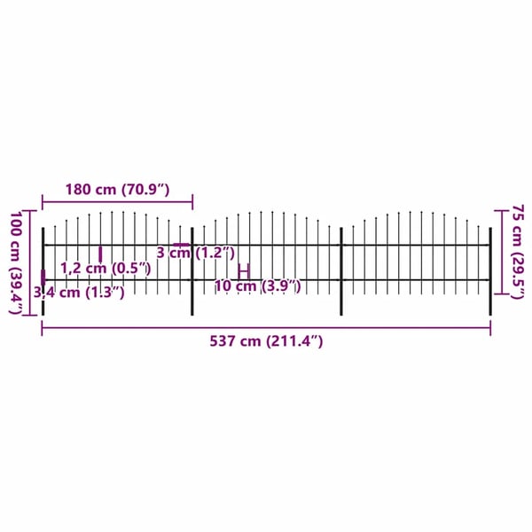 vidaXL havehegn med spydtop (0,75-1) x 5,1 m sort stål