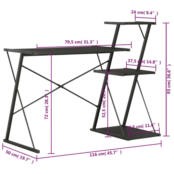 vidaXL skrivebord med hylde 116x50x93 cm sort