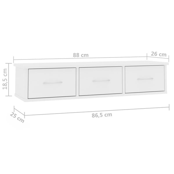vidaXL Vegghylle med skuff hvit 88x26x18,5 cm konstruert tre