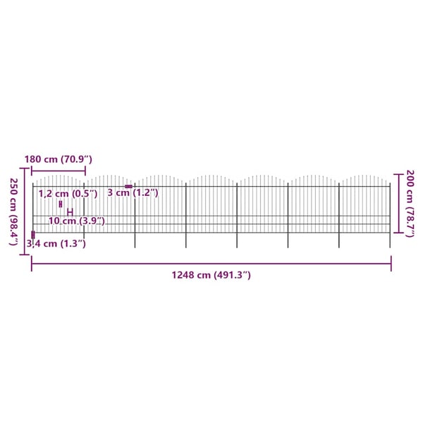 vidaXL Hagegjerde med spydtopp stål (1,75-2)x11,9 m svart