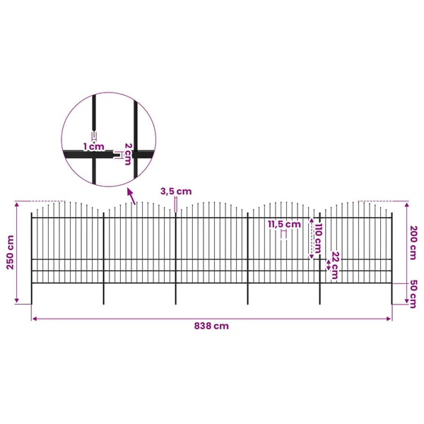 vidaXL Puutarha-aita keihäskärjillä teräs (1,75-2)x8,5 m musta