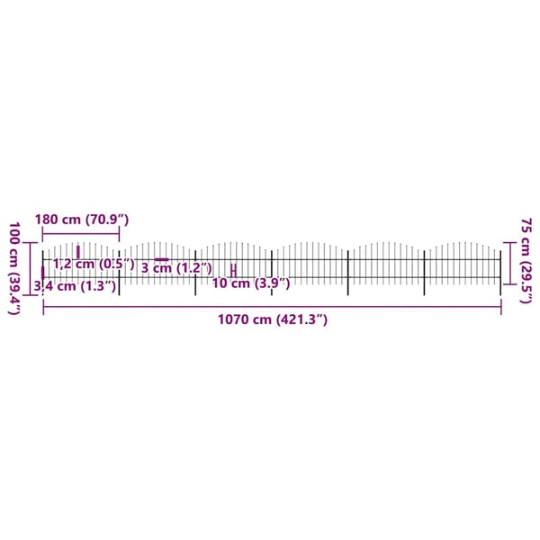 vidaXL Hagegjerde med spydtopp stål 1070x100 cm svart