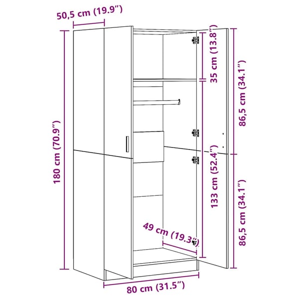 vidaXL Garderobe hvit 80x52x180 cm konstruert tre