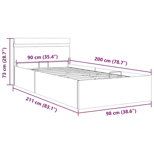 vidaXL hydraulisk opbevaringsseng med LED 90x200 cm stof mørkegrå