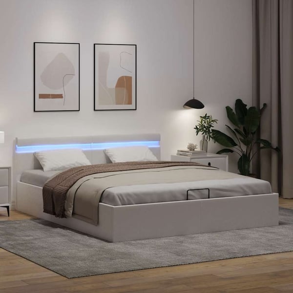 vidaXL hydraulisk opbevaringsseng med LED 180x200 cm kunstlæder hvid