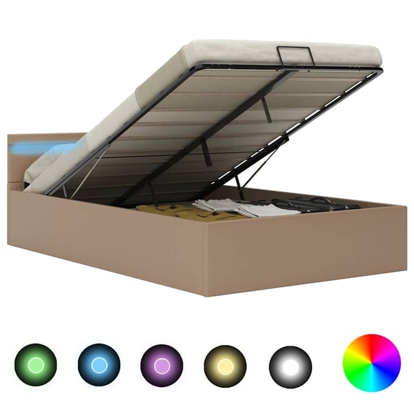 vidaXL hydraulisk opbevaringsseng LED 140x200 cm kunstlæder cappuccino